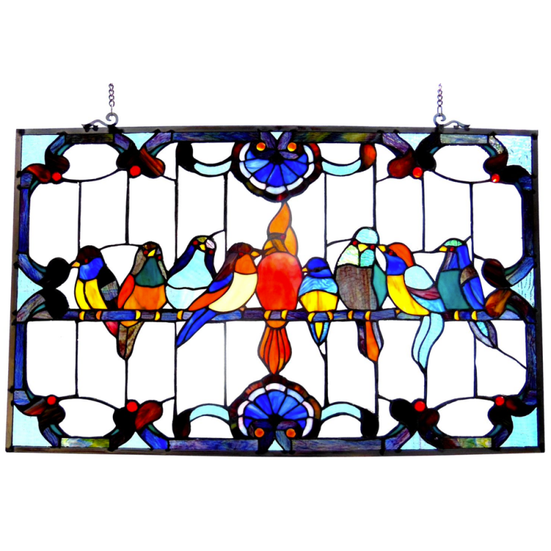 Tiffany-Glass Featuring Gathering Birds Window Panel 32X20