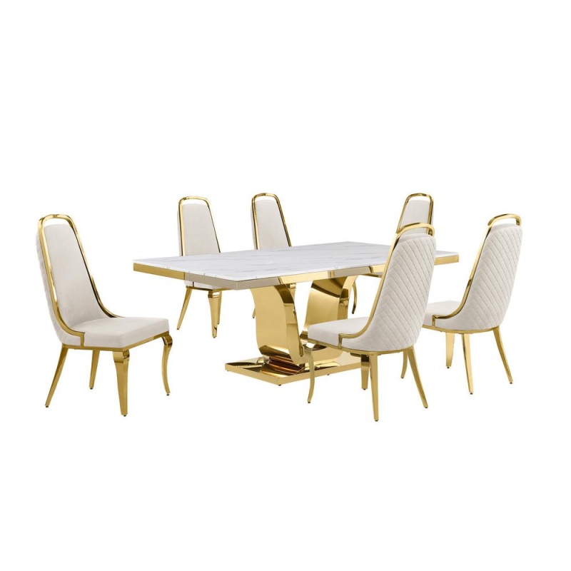 7Pc Large 76" Marble Top Dining Set
