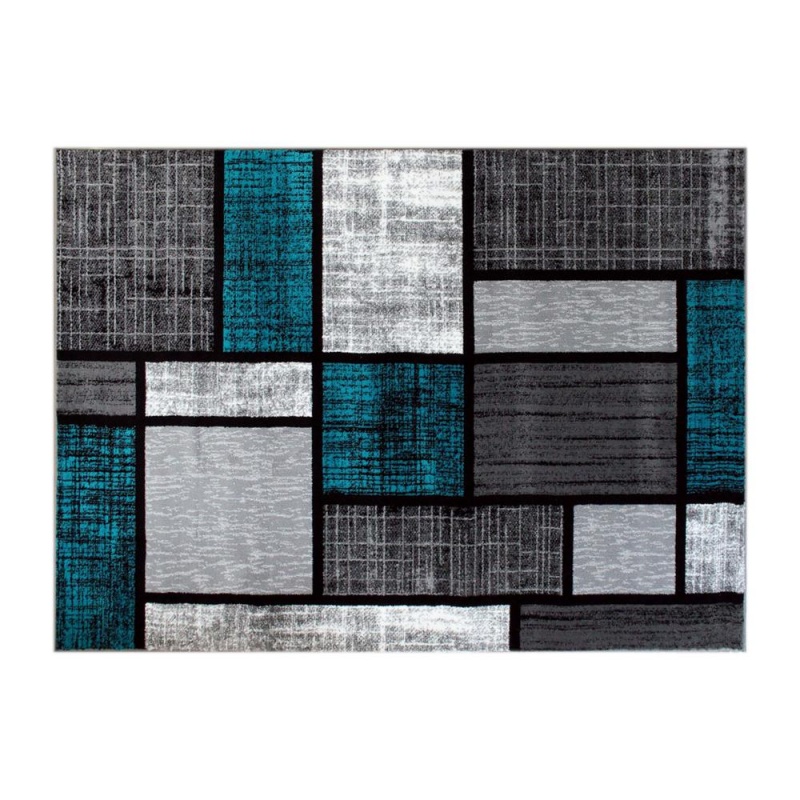 Raven Collection 5' X 7' Turquoise Color Bricked Olefin Area Rug With Jute Backing For Entryway, Living Room, Bedroom