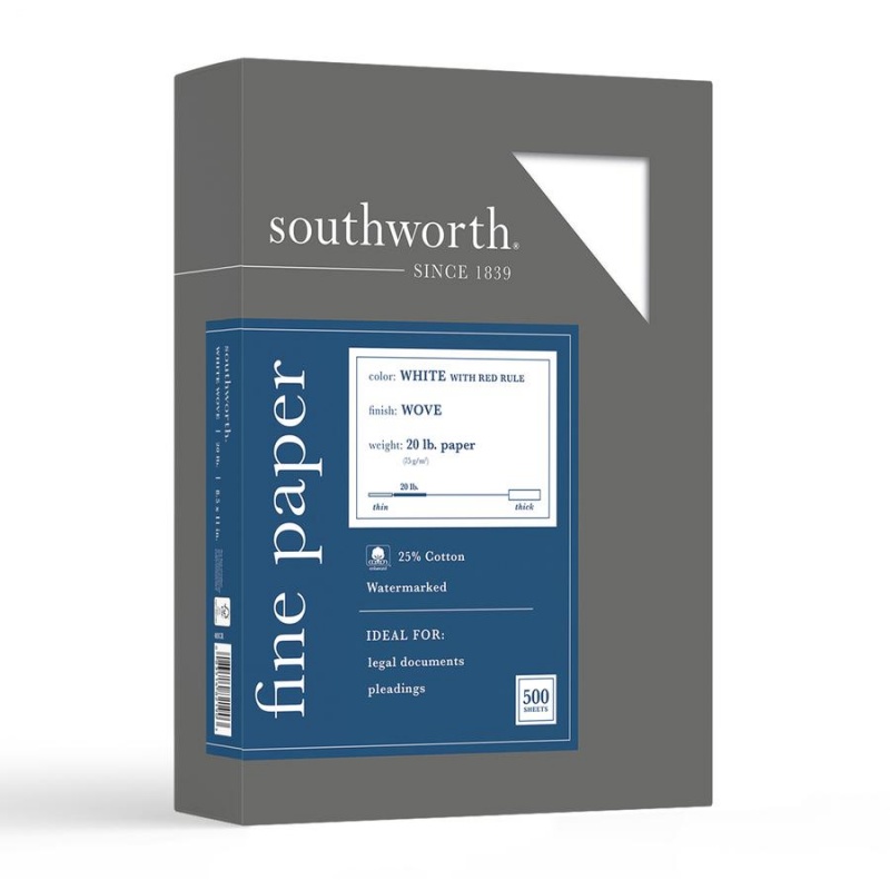 Southworth Red Ruled Business Paper - Letter - 8 1/2" X 11" - 20 Lb Basis Weight - Wove - 500 / Box - Watermarked, Acid-Free, Date-Coded, Lignin-Free - White