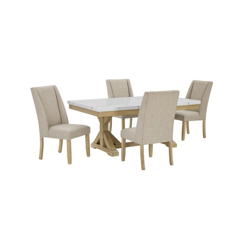 5Pc Faux Marble Top Dining Set With 4 Beige Side Chairs