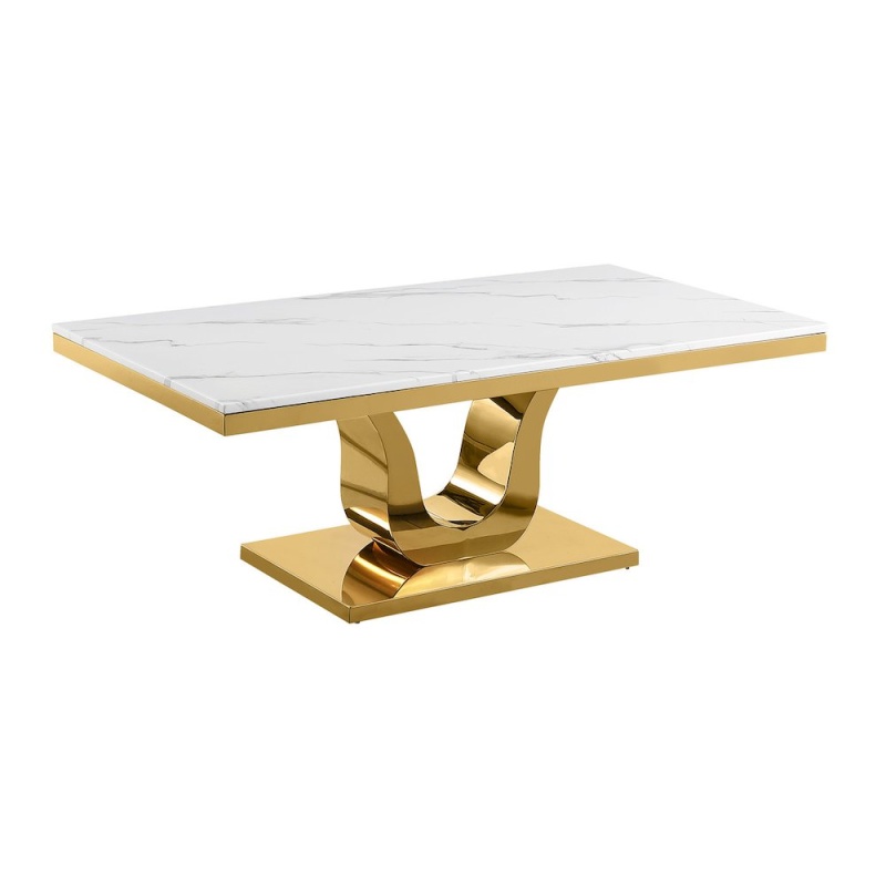 White Marble Coffee Table With A Gold Color Stainless Steel Base