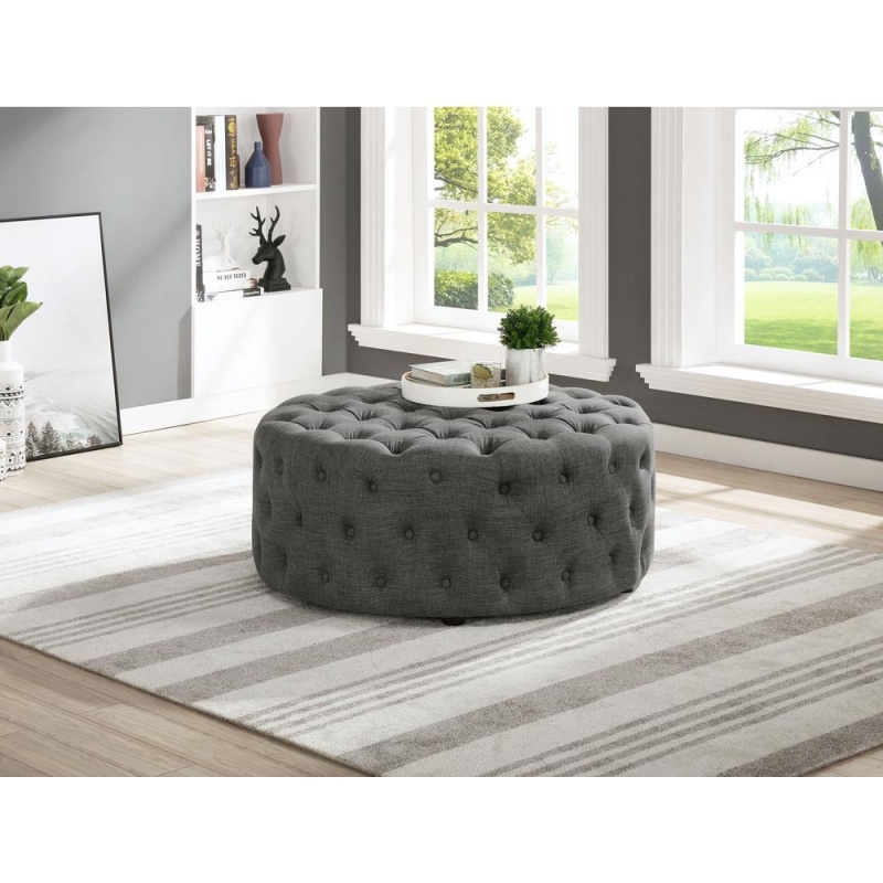 Best Master Furniture Anderson 40" Round Linen Fabric Ottoman In Gray