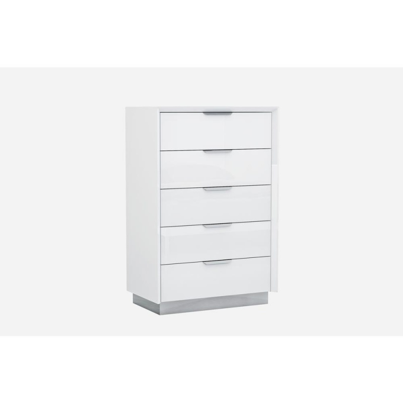 Navi Chest Of Drawers High Gloss White With Stainless Steel Trim 5 Drawers With Self-Close