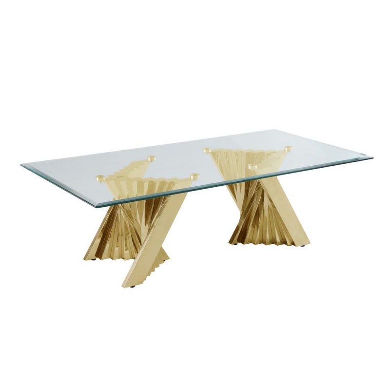 Glass Coffee Table With Stainless Steel Double Gold Base