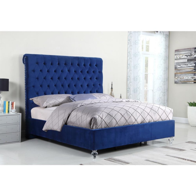 Navy Blue Velvet Uph. Panel Bed With Acrylic Feet - Cal. King
