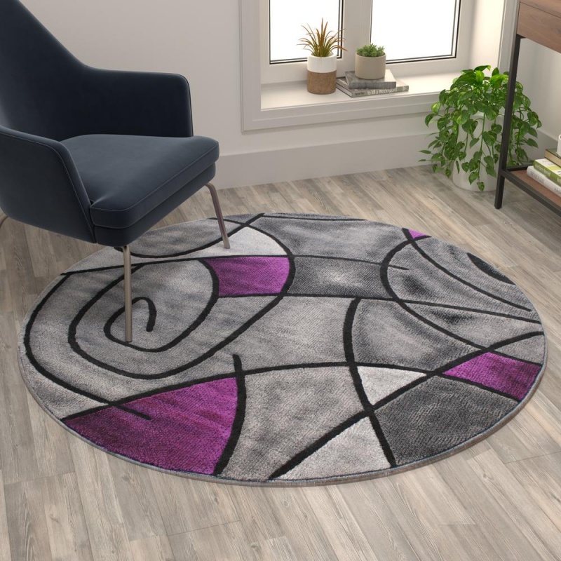 Jubilee Collection 5' X 5' Round Purple Abstract Area Rug - Olefin Rug With Jute Backing - Living Room, Bedroom, Family Room