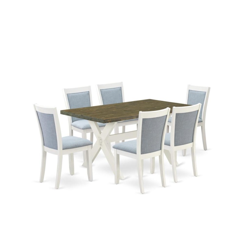 X076mz015-7 7-Piece Kitchen Table Set Consists Of A Dinner Table And 6 Baby Blue Parsons Chairs - Wire Brushed Linen White Finish