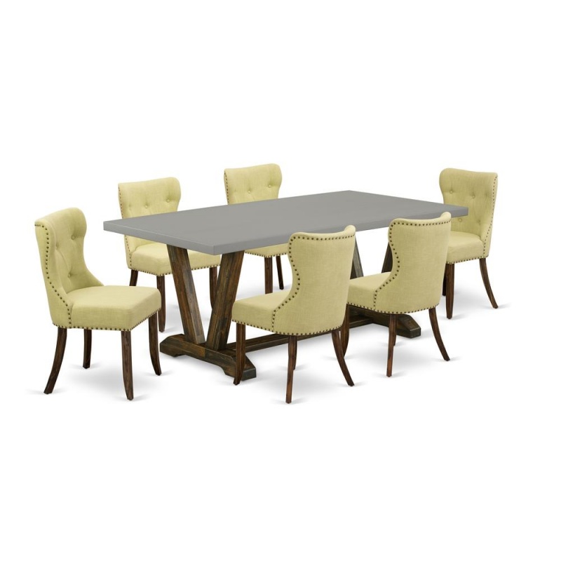 East West Furniture 7-Piece Dining Room Table Set-Limelight Linen Fabric Seat And Button Tufted Back Parson Chairs And Rectangular Top Dining Table With Hardwood Legs - Cement And Distressed Jacobean