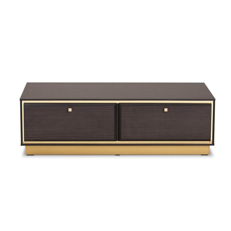 Baxton Studio Cormac Mid-Century Modern Transitional Dark Brown Finished Wood And Gold Metal 2-Drawer Coffee Table
