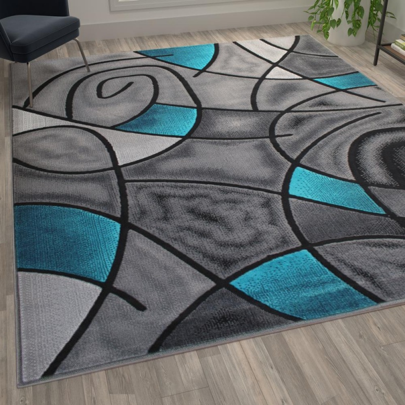 Jubilee Collection 8' X 10' Turquoise Abstract Area Rug - Olefin Rug With Jute Backing - Living Room, Bedroom, & Family Room