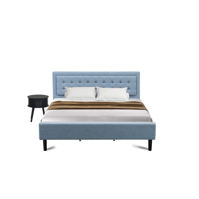 Fn11k-1Go15 2-Pc Platform King Bed Set With 1 Mid Century Bed And A Navy Blue Bedroom Nightstand - Denim Blue Linen Fabric Bed