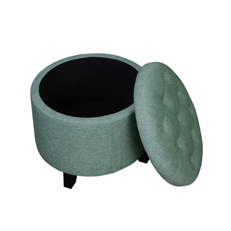 Designs4comfort Round Storage Ottoman, Green Faux Linen