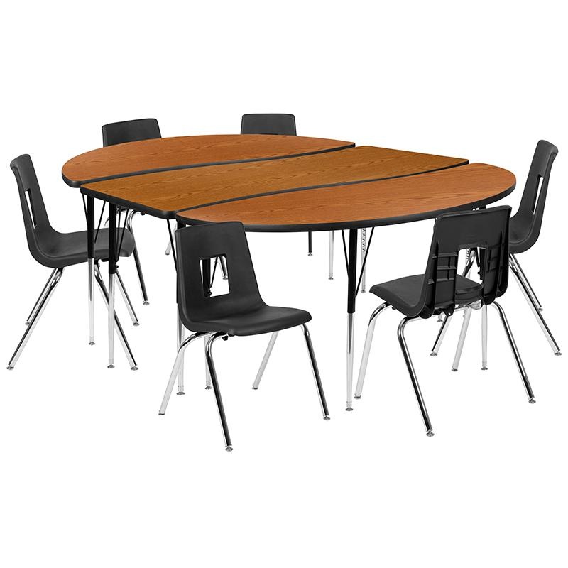 86" Oval Wave Collaborative Laminate Activity Table Set With 18" Student Stack Chairs, Oak/Black