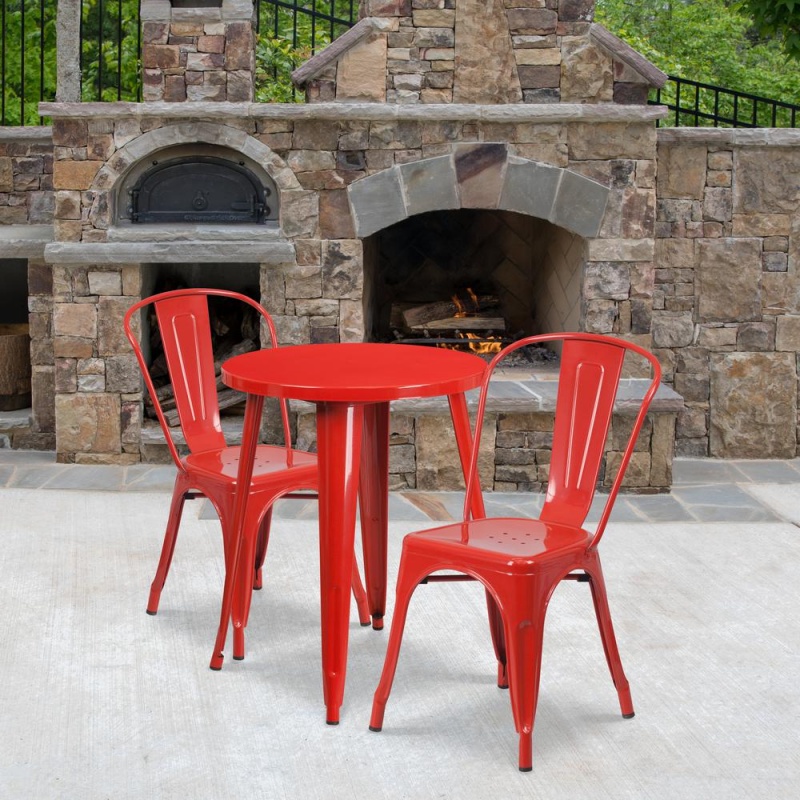 Commercial Grade 24" Round Red Metal Indoor-Outdoor Table Set With 2 Cafe Chairs