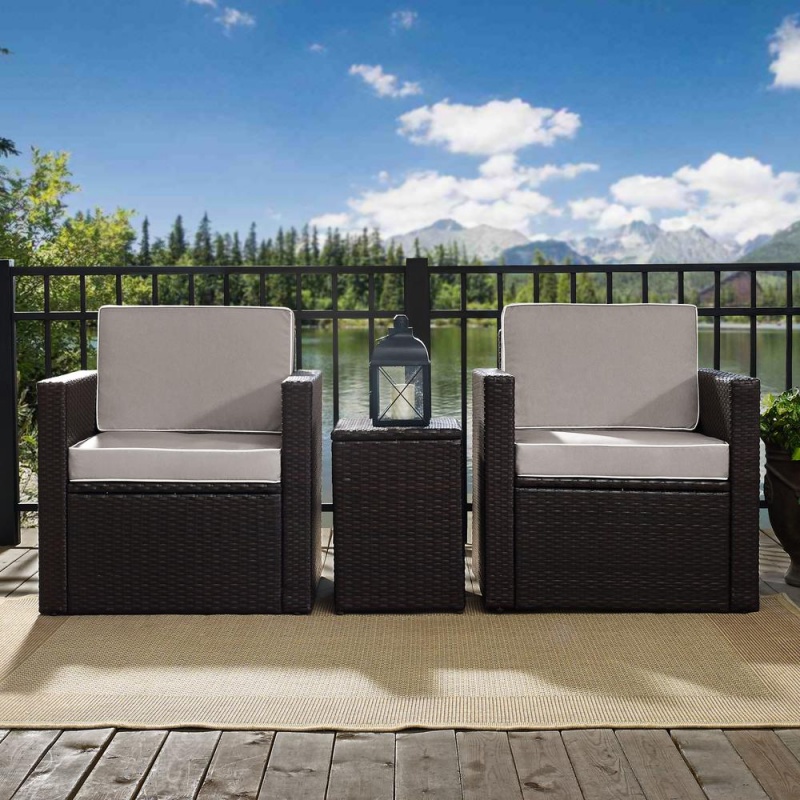Palm Harbor 3Pc Outdoor Wicker Conversation Set Gray/Brown - 2 Swivel Chairs, Side Table