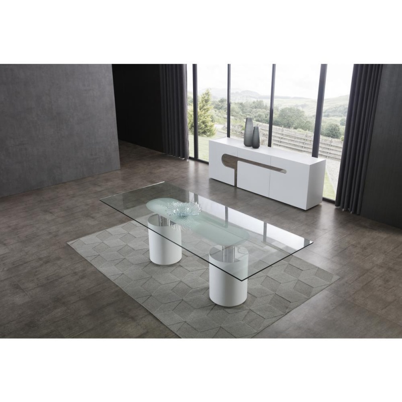 Mandarin Dining Table, 12Mm Clear Tempered Glass Top, Polished Stainless Steel Connector, Matt White Bases