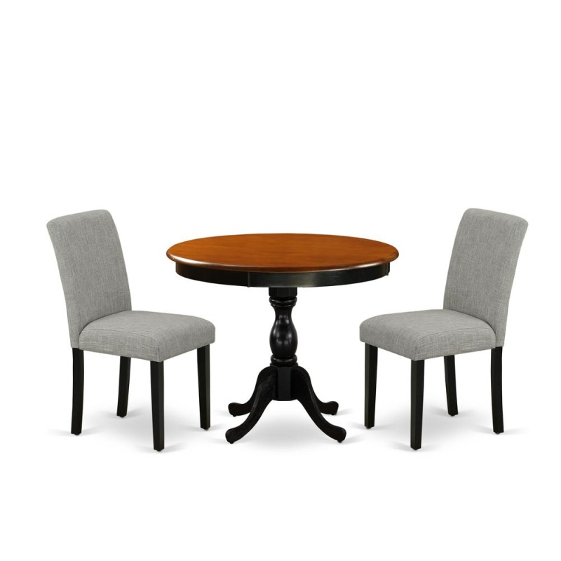 East West Furniture 3-Pc Dinning Room Set Contains A Round Dining Room Table And 2 Shitake Linen Fabric Dinner Chairs With High Back - Black Finish