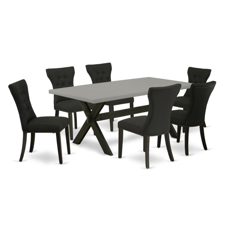 East West Furniture X697ga124-7 7-Pc Kitchen Table Set - 6 Kitchen Parson Chairs And 1 Modern Cement Breakfast Table Top With Button Tufted Chair Back - Wire Brushed Black Finish