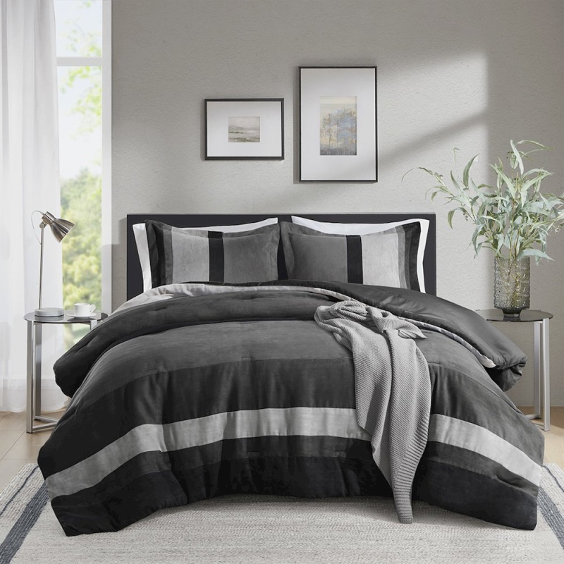 Boulder Stripe Pieced Faux Suede Comforter Set, Black Color