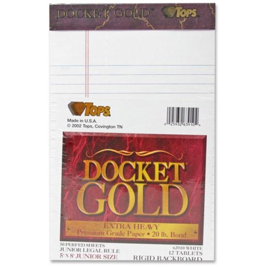 Tops Docket Gold Jr. Legal Ruled White Legal Pads - Jr.Legal - 50 Sheets - 0.28" Ruled - 20 Lb Basis Weight - Jr.Legal - 5" X 8" - White Paper - Burgundy Binding - Hard Cover, Perforated, Heavyweight