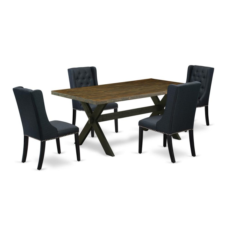 East West Furniture X677fo624-5 - 5 Piece Dining Table Set Consists Of 4 Black Linen Fabric Dining Chairs With Nail Heads And Distressed Jacobean Dining Table - Wire Brush Black Finish