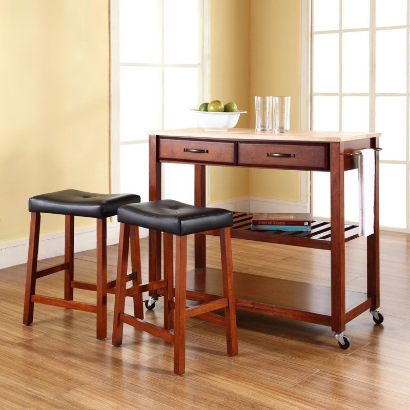 Wood Top Kitchen Prep Cart W/Uph Saddle Stools Cherry/Natural - Kitchen Island & 2 Counter Stools