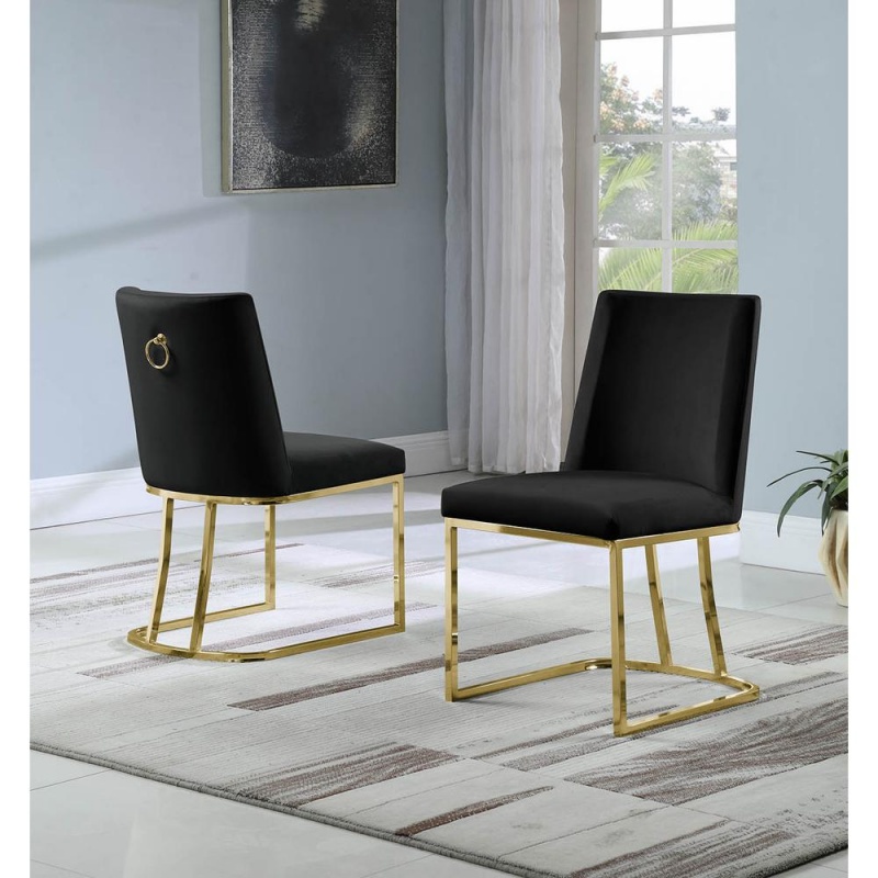 Velvet Upholstered Side Chair, Gold Color Legs, 4 Colors To Choose (Set Of 2) - Black
