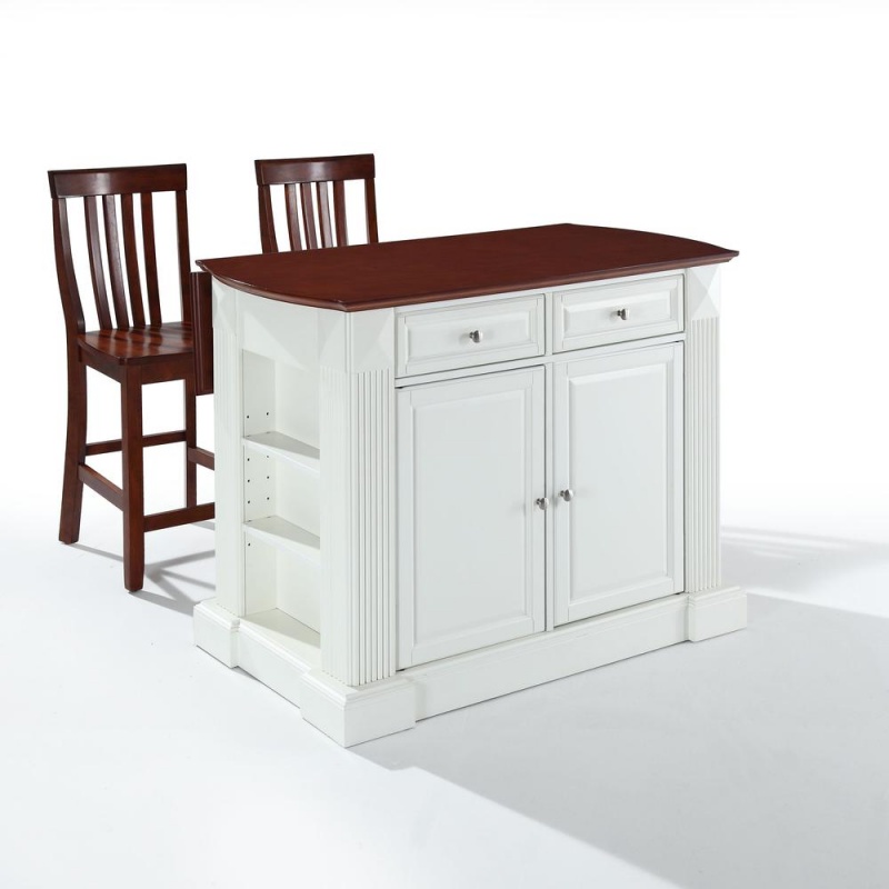 Coventry Drop Leaf Top Kitchen Island W/School House Stools White/Cherry - Kitchen Island, 2 Counter Height Bar Stools