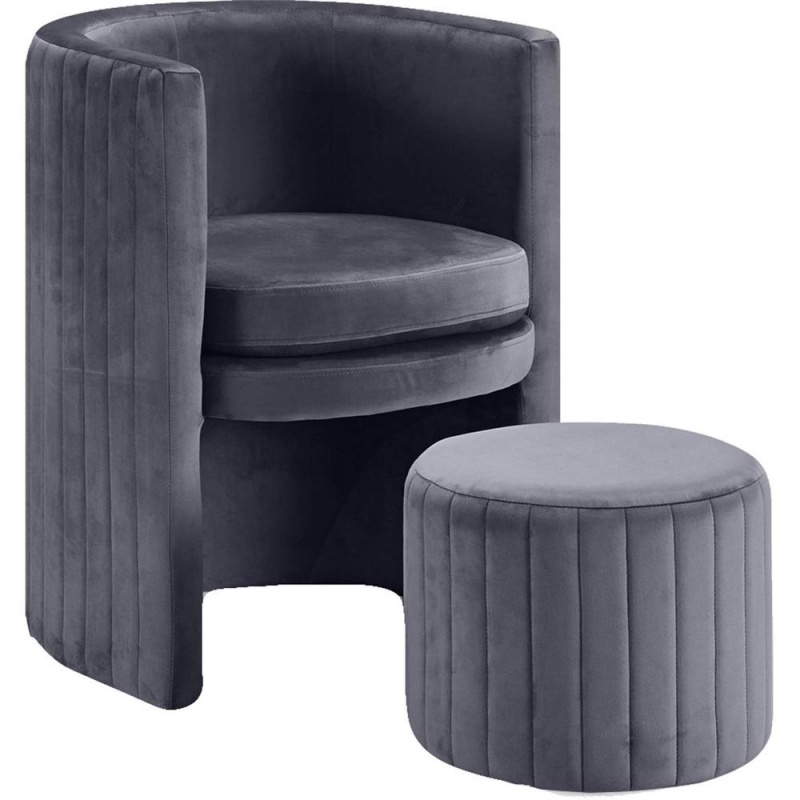 Seager Gray Velvet Round Arm Chair With Ottoman