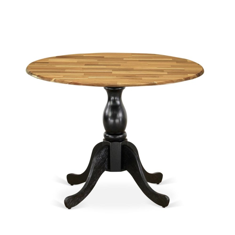 East West Furniture Round Dinning Table With Drop Leaves - Natural Table Top And Black Pedestal Leg Finish