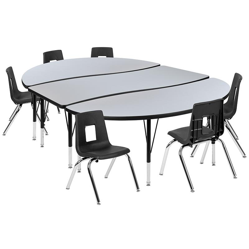 86" Oval Wave Collaborative Laminate Activity Table Set With 14" Student Stack Chairs, Grey/Black