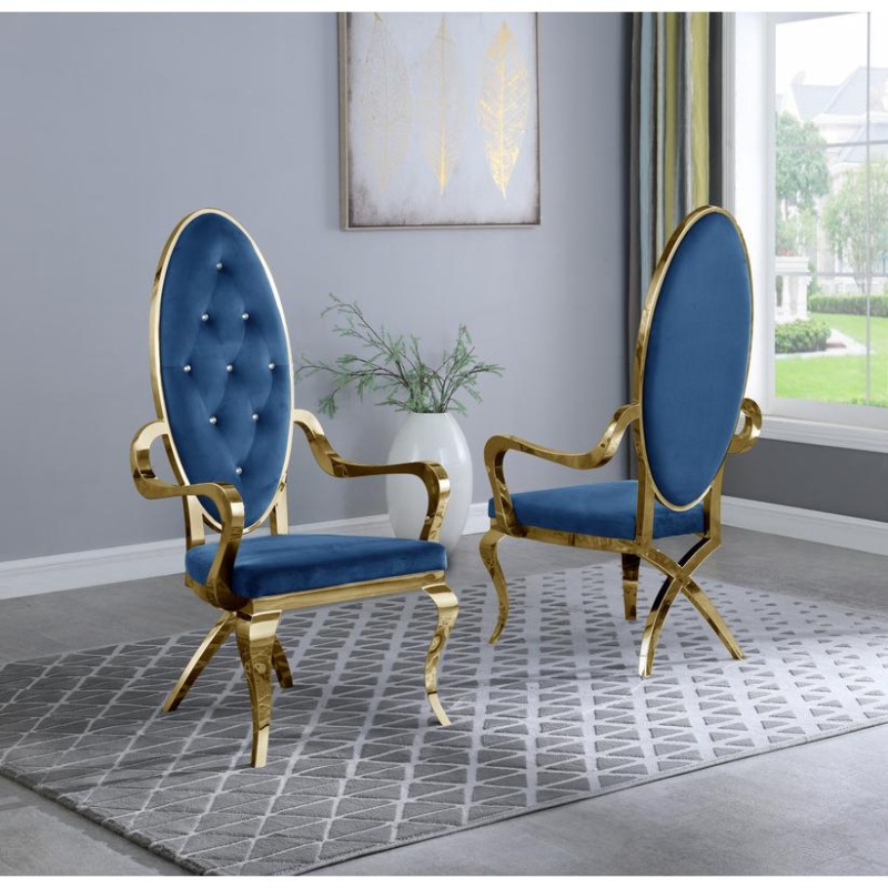 Classic 9Pc Dining Set W/Uph Tufted Side/Arm Chair, Glass Table W/ Gold Spiral Base, Navy Blue