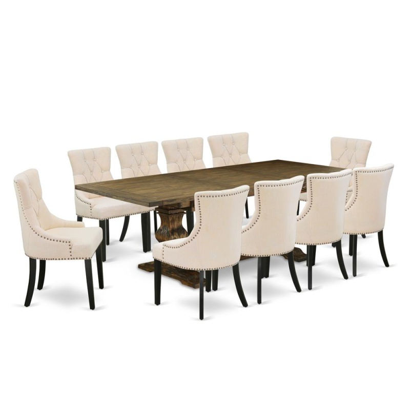 East West Furniture 11-Piece Modern Dining Set Consists Of A Dining Room Table And 10 Light Beige Linen Fabric Dining Chairs With Button Tufted Back - Distressed Jacobean Finish