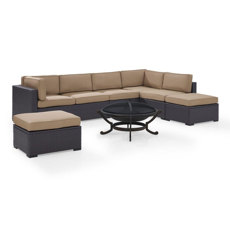 Biscayne 6Pc Outdoor Wicker Sectional Set W/Fire Pit Mocha/Brown - 2 Loveseats, Armless Chair, 2 Ottomans, Ashland Firepit