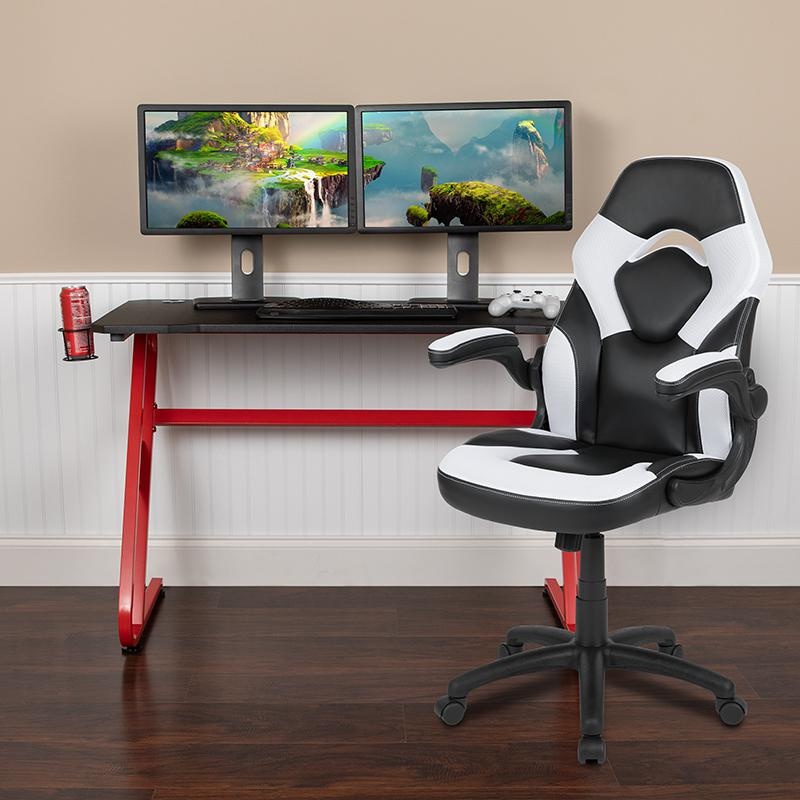 Red Gaming Desk And White/Black Racing Chair Set With Cup Holder And Headphone Hook