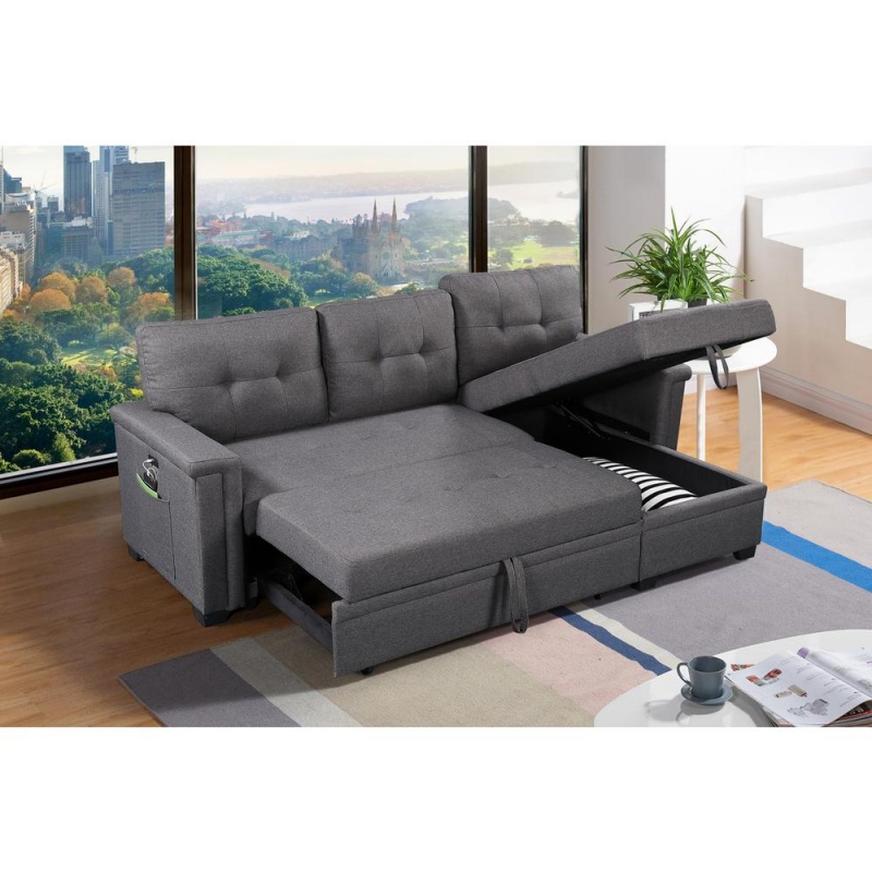 Ashlyn Dark Gray Reversible Sleeper Sectional Sofa With Storage Chaise, Usb Charging Ports And Pocket