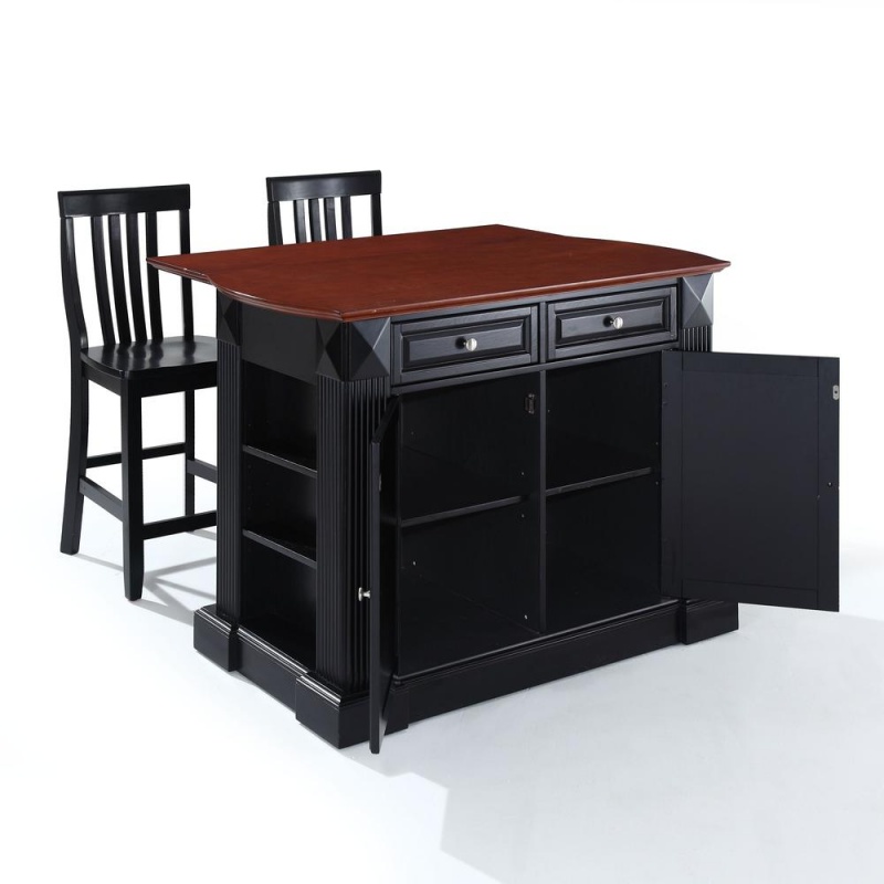 Coventry Drop Leaf Top Kitchen Island W/School House Stools Black/Black - Kitchen Island, 2 Counter Height Bar Stools
