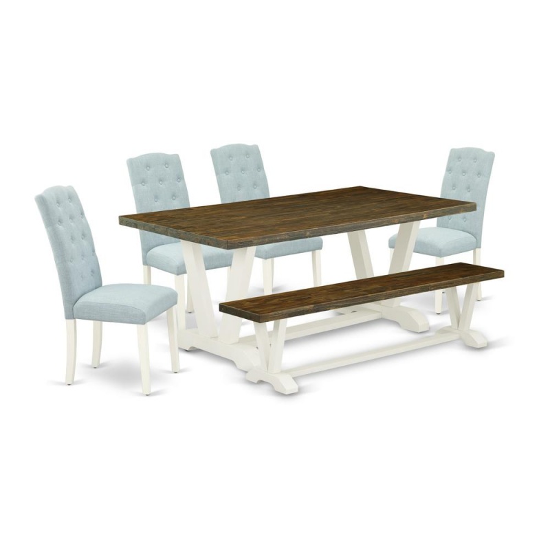 East West Furniture V077ce215-6 6-Piece Dining Room Table Set- 4 Upholstered Dining Chairs With Baby Blue Linen Fabric Seat And Button Tufted Chair Back - Rectangular Top & Wooden Legs Dining Room Tab