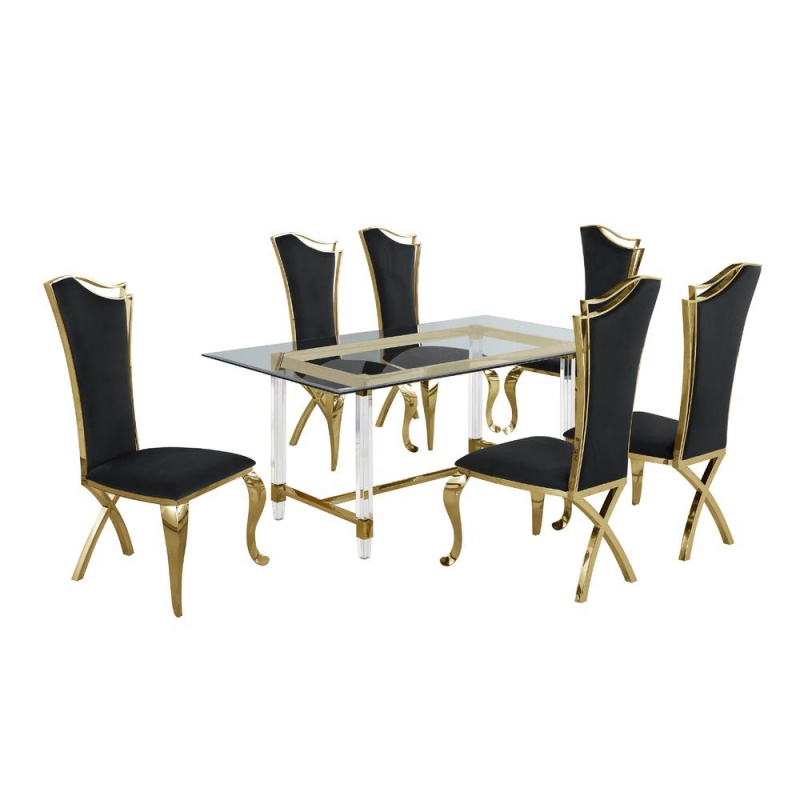 Acrylic Glass 7Pc Gold Set Stainless Steel Highback Chairs In Black Velvet