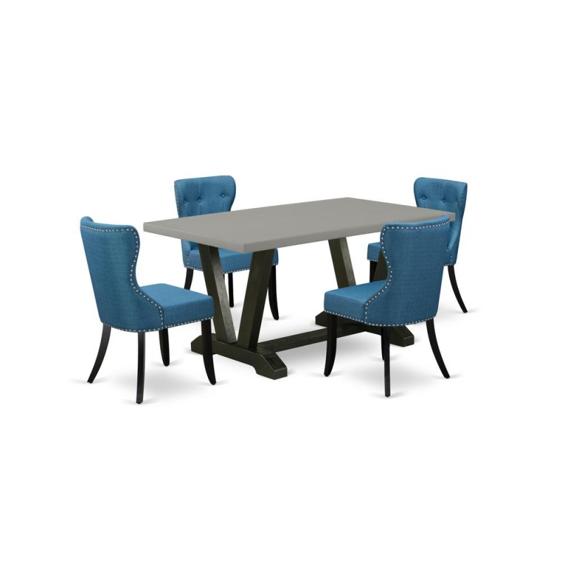 East West Furniture V696si121-5 5-Piece Dining Table Set- 4 Upholstered Dining Chairs With Blue Linen Fabric Seat And Button Tufted Chair Back - Rectangular Table Top & Wooden Legs - Cement And Black