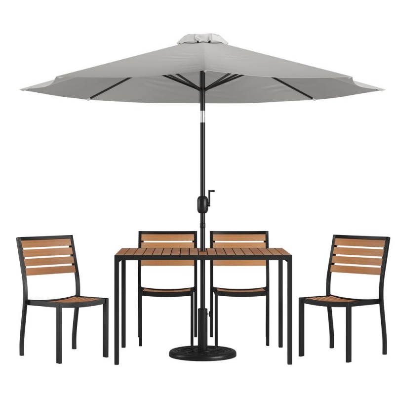 7 Piece All-Weather Deck Or Patio Set With 4 Stacking Faux Teak Chairs, 30" X 48" Faux Teak Table, Gray Umbrella & Base