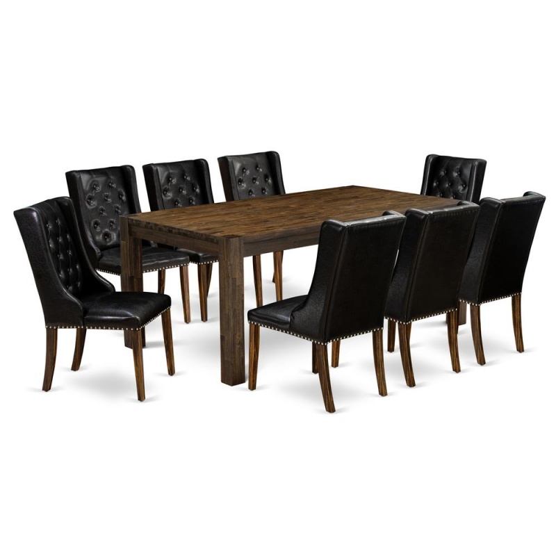 East West Furniture Lmfo9-77-49 9-Pc Modern Dining Table Set Includes 1 Dining Table And 8 Black Linen Fabric Dining Chairs With Button Tufted Back - Distressed Jacobean Finish
