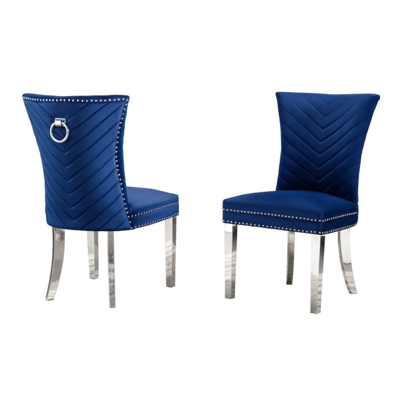 Navy Blue Velvet Side Chairs With Silver Base (Set Of 2)