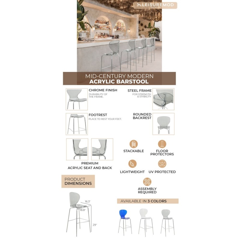 Oyster Acrylic Barstool in Smoke