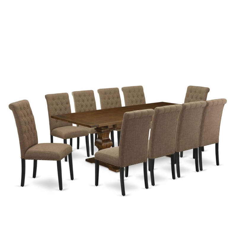 East West Furniture 11-Pieces Table Set - A Butterfly Leaf Double Pedestal Wooden Table And 10 Light Sable Linen Fabric Dining Chair With Button Tufted Back - Antique Walnut Finish