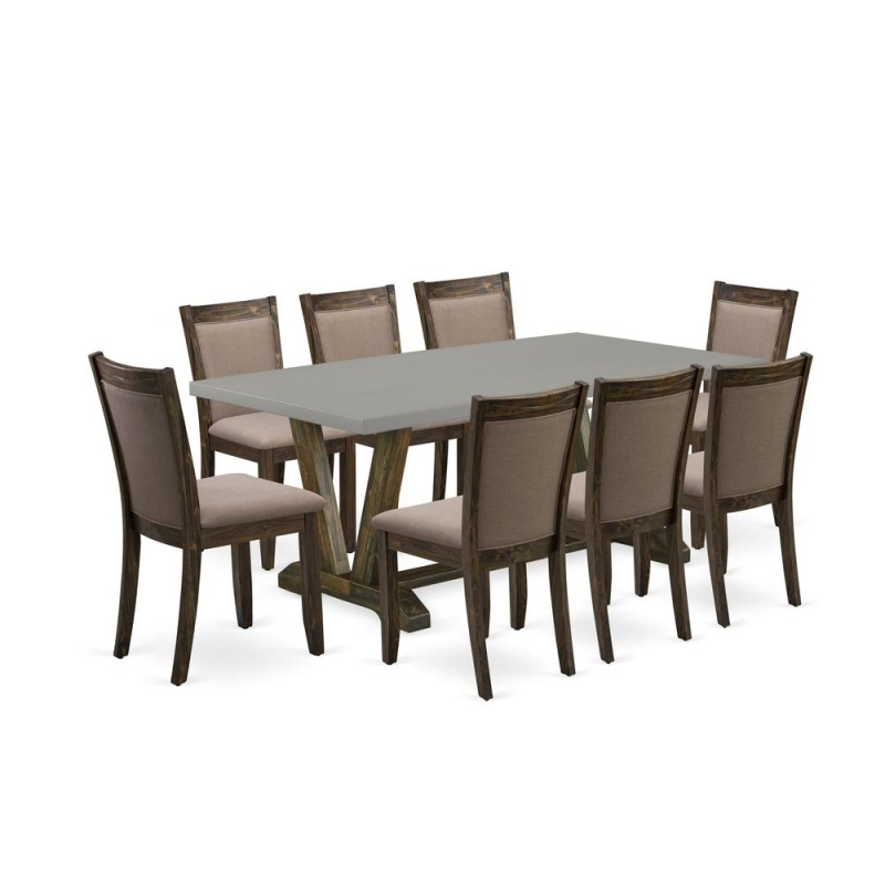 East West Furniture 9 Piece Contemporary Dinette Set - A Cement Top Dinner Table With Trestle Base And 8 Coffee Linen Fabric Mid Century Dining Chairs - Distressed Jacobean Finish