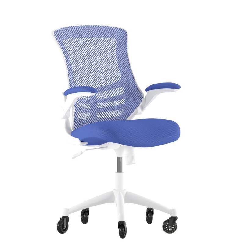 Kelista Mid-Back Blue Mesh Swivel Ergonomic Task Office Chair With White Frame, Flip-Up Arms, And Transparent Roller Wheels