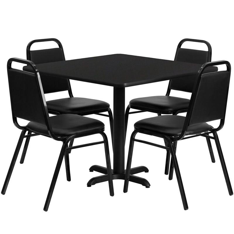 36'' Black Table Set With X-Base And 4 Black Trapezoidal Back Banquet Chairs