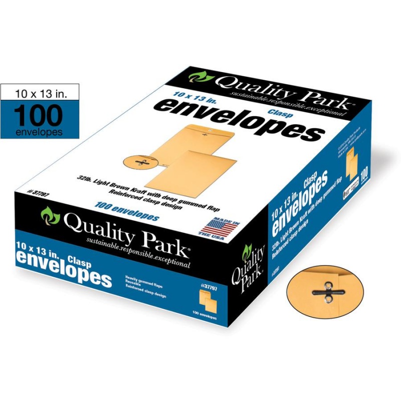 Quality Park 10 X 13 Extra Heavy-Duty Clasp Envelopes - Clasp - #97 - 10" Width X 13" Length - 32 Lb - Gummed - Kraft - 100 / Box - Kraft